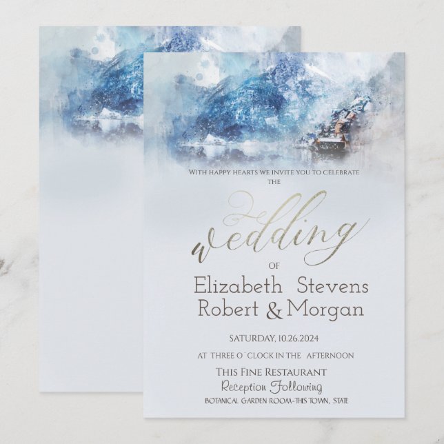 Winter Mountain Lake Snow Wedding Einladung (Vorne/Hinten)