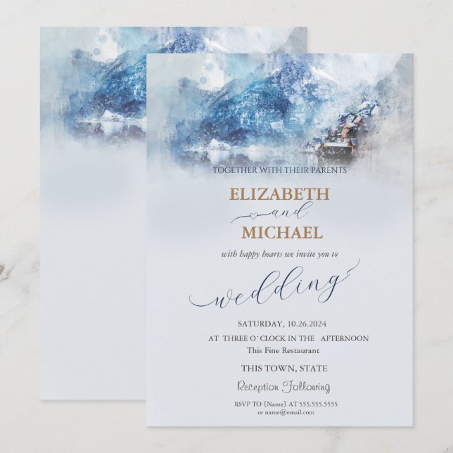 Winter Mountain Lake Wedding Einladung (Vorne/Hinten)