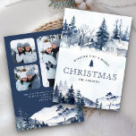Winter Mountain Snowy Village Foto Blau Weihnachte Feiertagskarte<br><div class="desc">Elegante Weihnachtskarte mit schönen Kabinen und Kiefernbäumen. Fügen Sie einfach Ihren Text in diese leicht zu bedienende Vorlage ein und schmücken Sie diese Karte mit Ihren Lieblings-Fotos,  um sie zu einer einmaligen Urlaubskarte zu machen.</div>