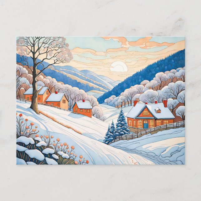 Winter Mountain Village in Morgensonne Postkarte (Vorderseite)
