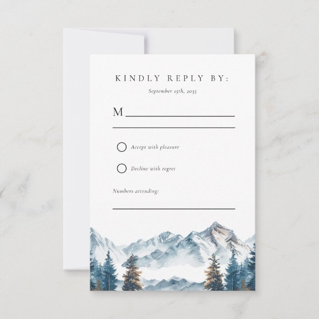 Winter Mountains Pine Tree Hochzeit RSVP Karte (Vorderseite)