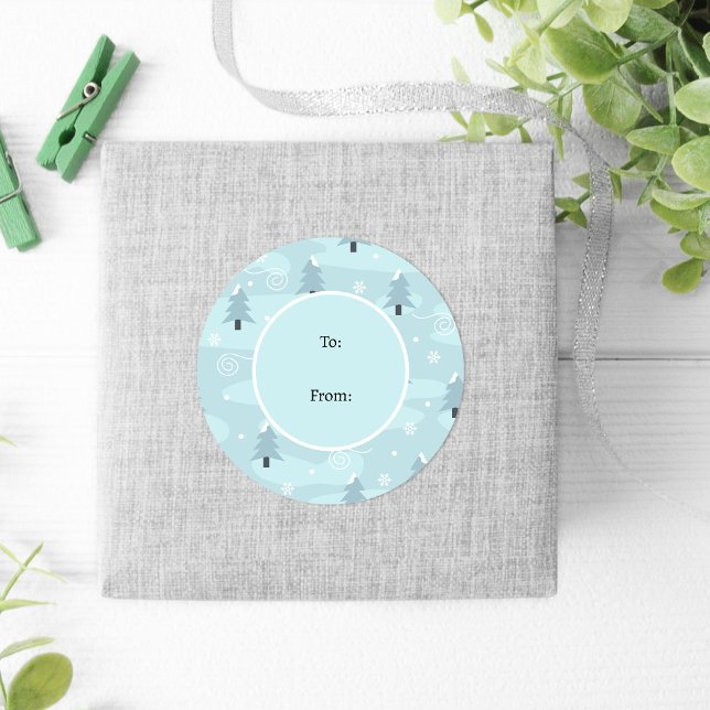 Winter Nature Blue Trees Schneeflocken Weihnachten Runder Aufkleber (Von Creator hochgeladen)