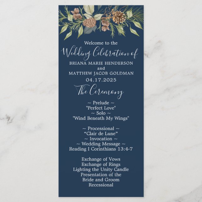 Winter Navy Blue Elegante Script Hochzeit Programm (Vorderseite)