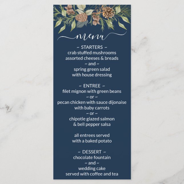 Winter Navy Blue Elegante Script Wedding Menu Menükarte (Vorderseite)