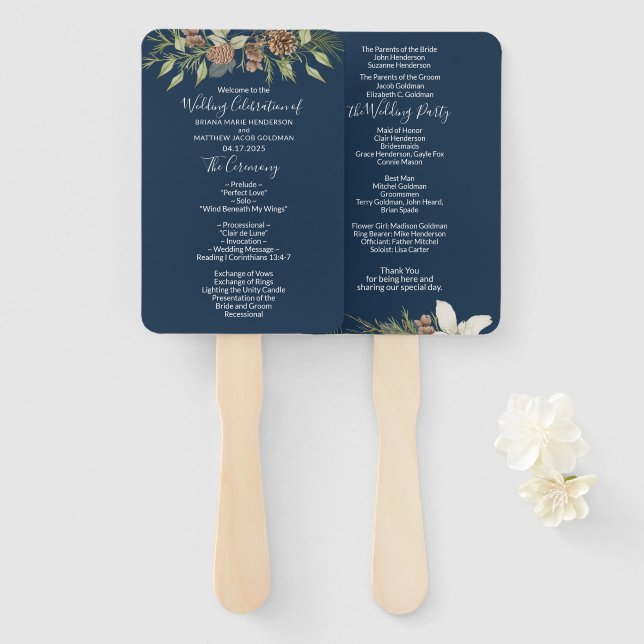 Winter Navy Blue Elegante Script Wedding Programm Fächer (Vorne und Hinten)