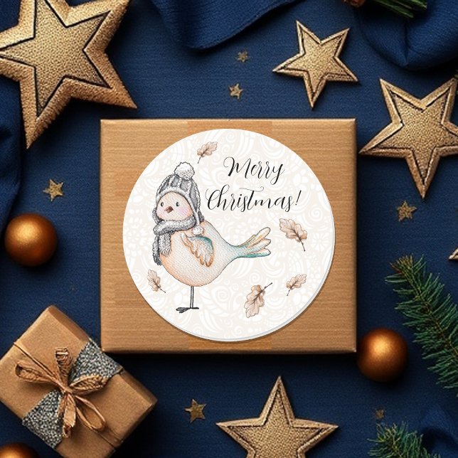 Winter Niedlich Sparrow Illustration Runder Aufkleber (Von Creator hochgeladen)