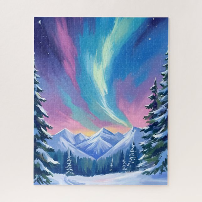 Winter Night Northern Lights Watercolor Mountain (Vertikal)