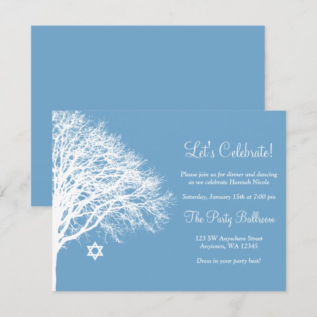 Winter Oak Tree Blue White Bat Mitzvah Empfang Einladung (Vorne/Hinten)