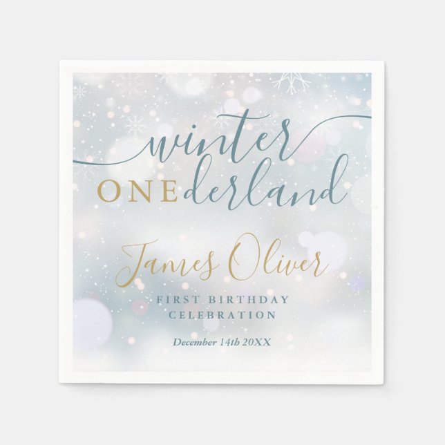 Winter Onederland 1. Geburtstag Blau und Gold Serviette (Vorderseite)