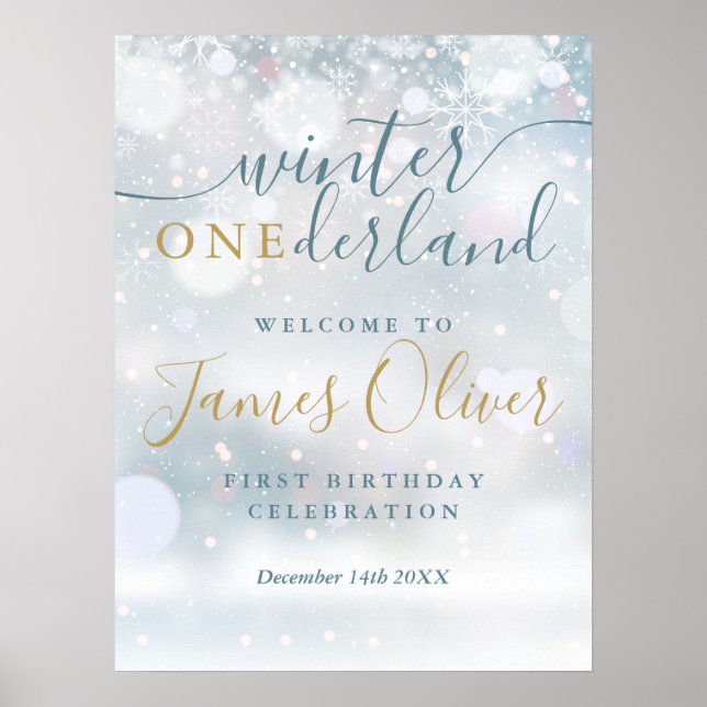 Winter Onederland 1. Geburtstag Blue Gold Willkomm Poster (Vorne)