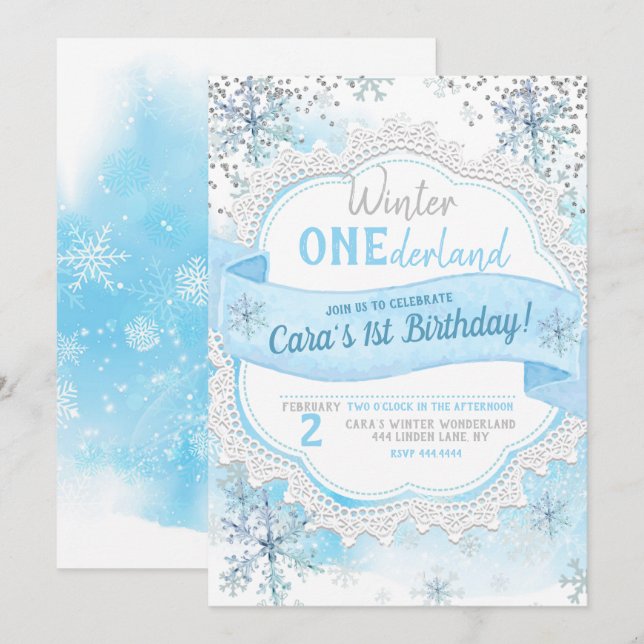 Winter ONEderland 1. Geburtstag Einladung (Vorne/Hinten)