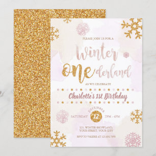 Winter Onederland 1. Geburtstag Rose Gold und Gold Einladung