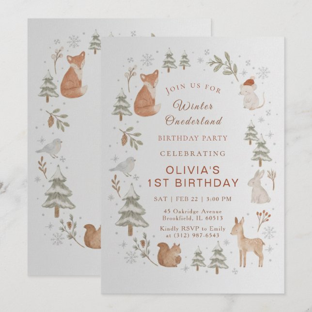 Winter ONEderland 1st Birthday Invitation Editable (Devant / Derrière)