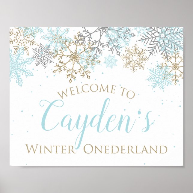 Winter Onederland Affiche de bienvenue bleue et or (Devant)