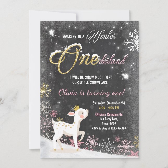 Winter Onederland anniversaire invitation rose Gol (Devant)