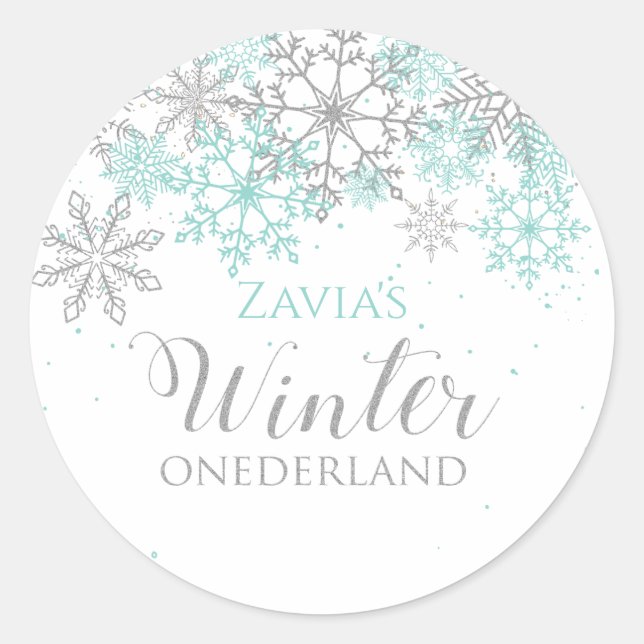 Winter Onederland Aquamarin Silver Erster Geburtst Runder Aufkleber (Vorderseite)