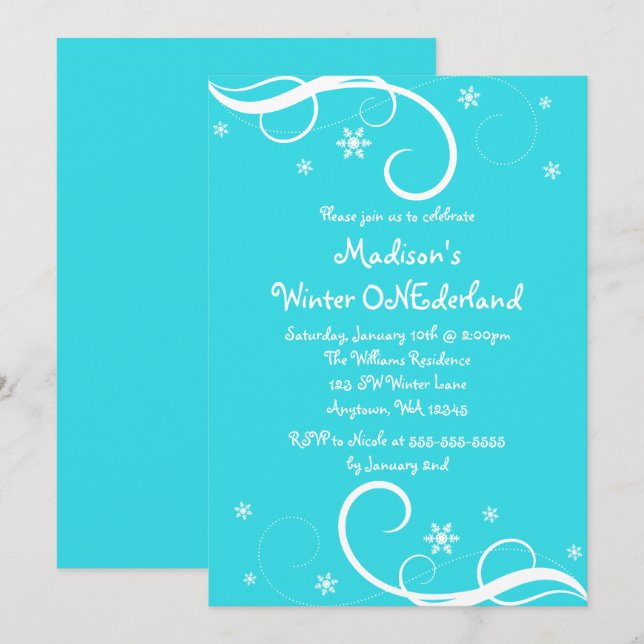 Winter ONEderland Aquamarin Swirl Schneeflocken Einladung (Vorne/Hinten)