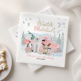 Winter Onederland Arctic Animal Girl 1st Birthday Serviette
