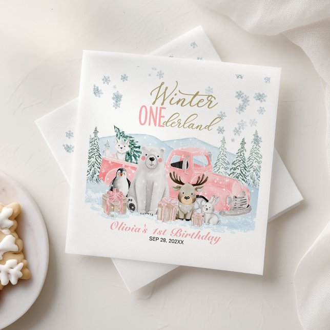 Winter Onederland Arctic Animal Girl 1st Birthday Serviette (Von Creator hochgeladen)