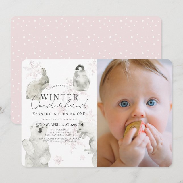 Winter Onederland Arctic Animals Girl 1. Geburtsta Einladung (Vorne/Hinten)