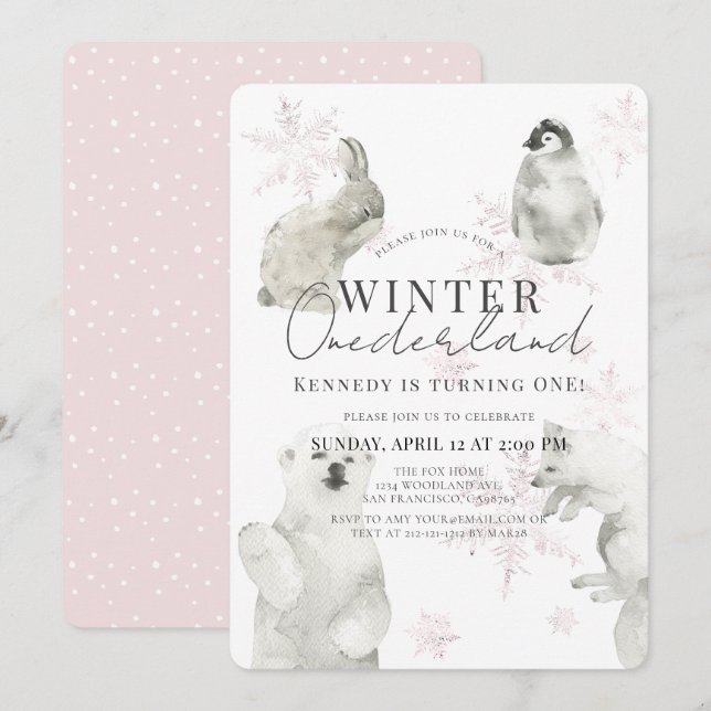 Winter Onederland Arctic Animals Girl 1. Geburtsta Einladung (Vorne/Hinten)