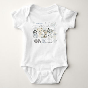 Winter Onederland Arktische Tiere Blau 1. Geburtst Baby Strampler