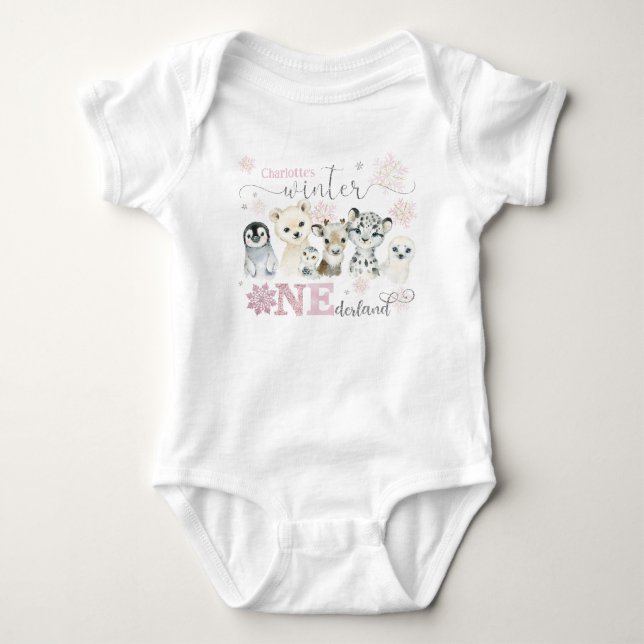 Winter Onederland Arktische Tiere Rosa 1. Geburtst Baby Strampler (Vorderseite)