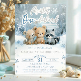 Winter Onederland Bear Baby Blue First Birthday Einladung