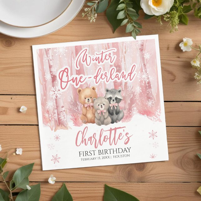 Winter Onederland Bear Pink First Birthday Party Serviette (Von Creator hochgeladen)