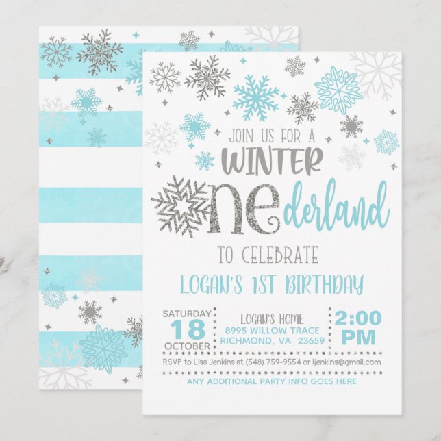 Winter ONEderland Birthday Einladung - Junge - WH (Vorne/Hinten)