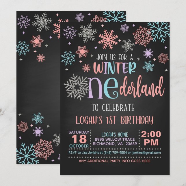 Winter ONEderland Birthday Einladung - PPB - Blk (Vorne/Hinten)