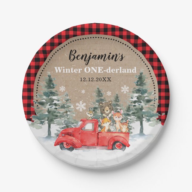 Winter ONEderland Birthday Forest Woodland Tiere Pappteller (Vorderseite)