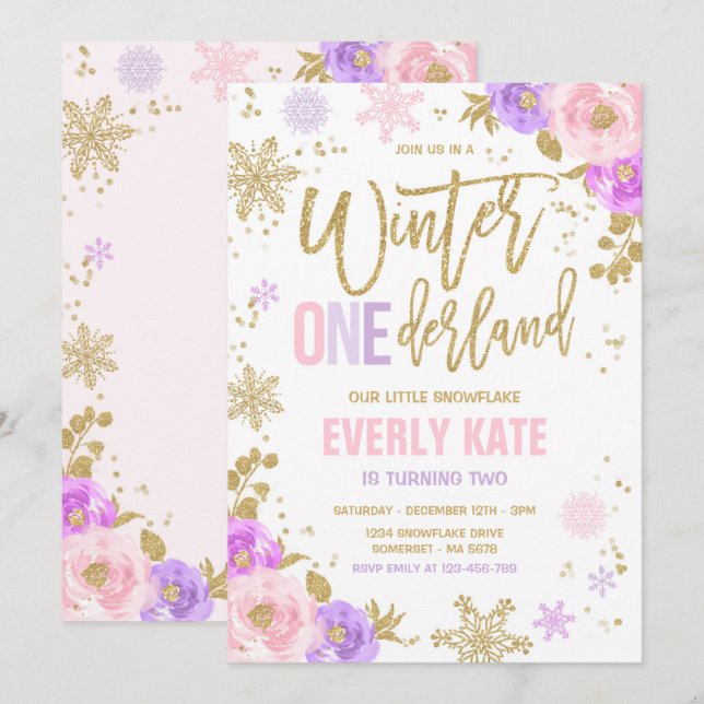 Winter ONEderland Birthday Gold Pink Snowflake Einladung (Vorne/Hinten)