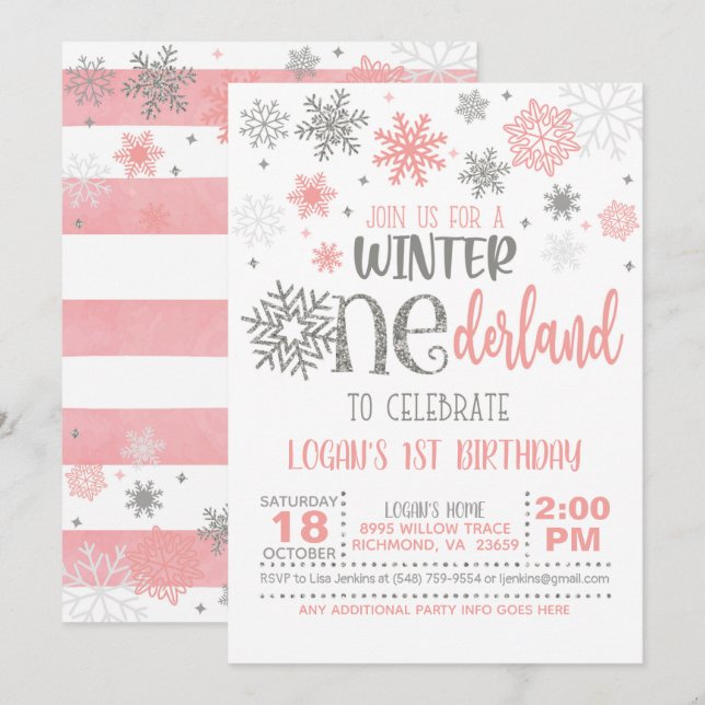 Winter ONEderland Birthday Invitation - Girl - WG Einladung (Vorne/Hinten)