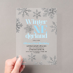 Winter Onederland Blau Silber Schneeflocke Geburts Acryleinladungen