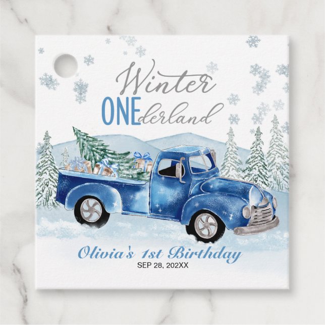 Winter Onederland Blaue Lastwagen Erster Geburtsta Geschenkanhänger (Vorderseite)