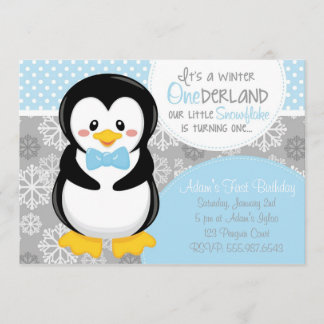 Winter ONEderland blaue Pinguin-Einladung Einladung