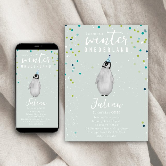 Winter Onederland Blue Birthday Penguin Confetti Einladung (Von Creator hochgeladen)