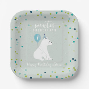 Winter Onederland Blue Birthday Polar Bear Snow Pappteller