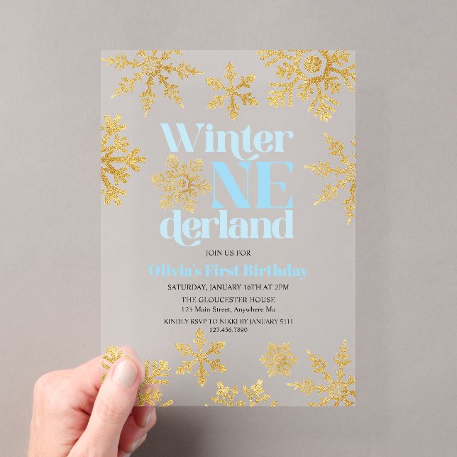 Winter Onederland Blue Gold Snowflake 1. Geburtsta Acryleinladungen (Insitu (Handheld))