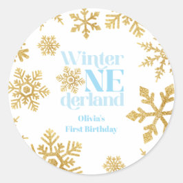 Winter Onederland Blue Gold Snowflake 1. Geburtsta Runder Aufkleber