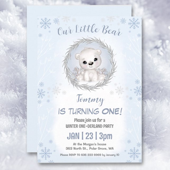 Winter Onederland Blue Polar Bear Boy 1. Geburtsta Einladung (Winter Onederland Blue Polar Bear Boy 1st Birthday Invitation)