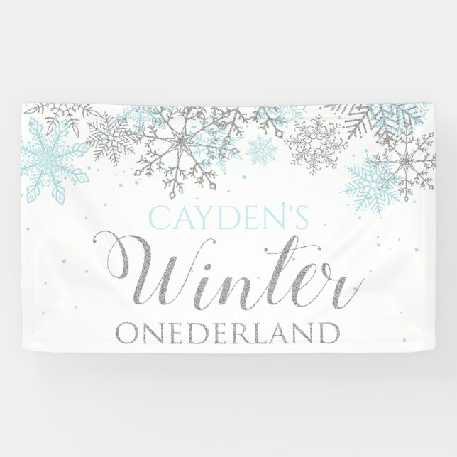Winter Onederland Blue Silver Snow Erster Geburtst Banner (Horizontal)