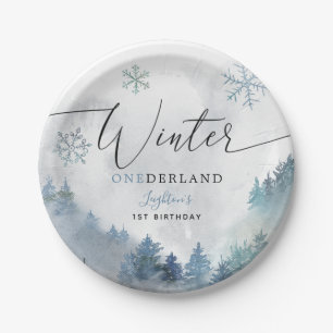 Winter ONEderland Blue Snowy Mountain Geburtstag Pappteller