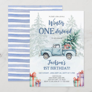 Winter Onederland Blue Truck Erster Geburtstag Einladung