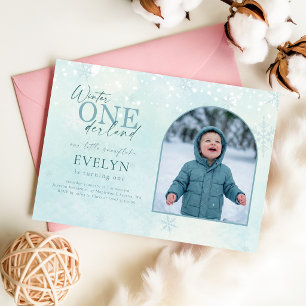 Winter ONEderland Bogenfoto Erster Geburtstag Einladung