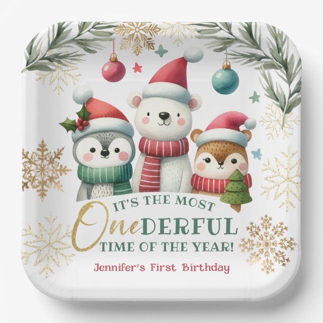 Winter Onederland Boho Snow Animals 1. Geburtstag Pappteller (Vorderseite)