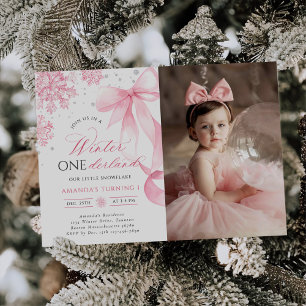 Winter Onederland Bow Snowflake Geburtstags-Foto Einladung