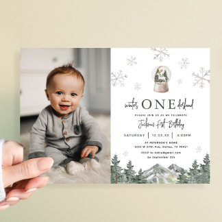 Winter Onederland Boy 1st Birthday Photo Einladung
