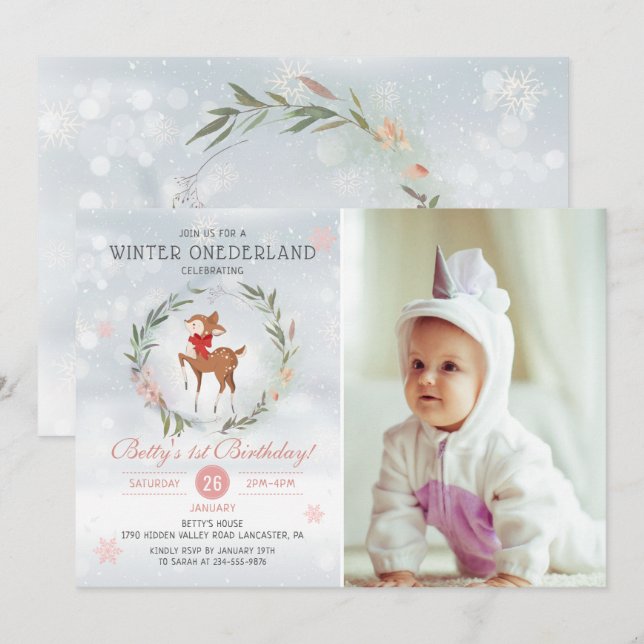 Winter Onederland Deer Baby First Birthday Foto Einladung (Vorne/Hinten)
